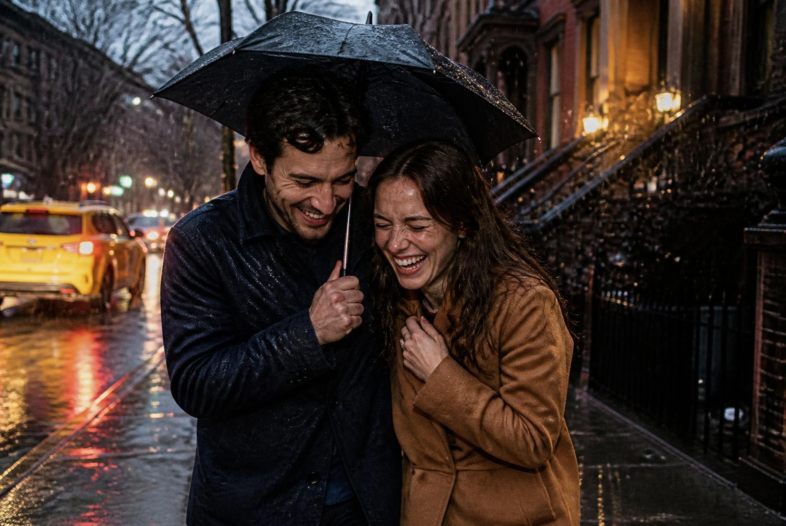 James and Elizabeth laughing under one umbrella in heavy Brooklyn rain