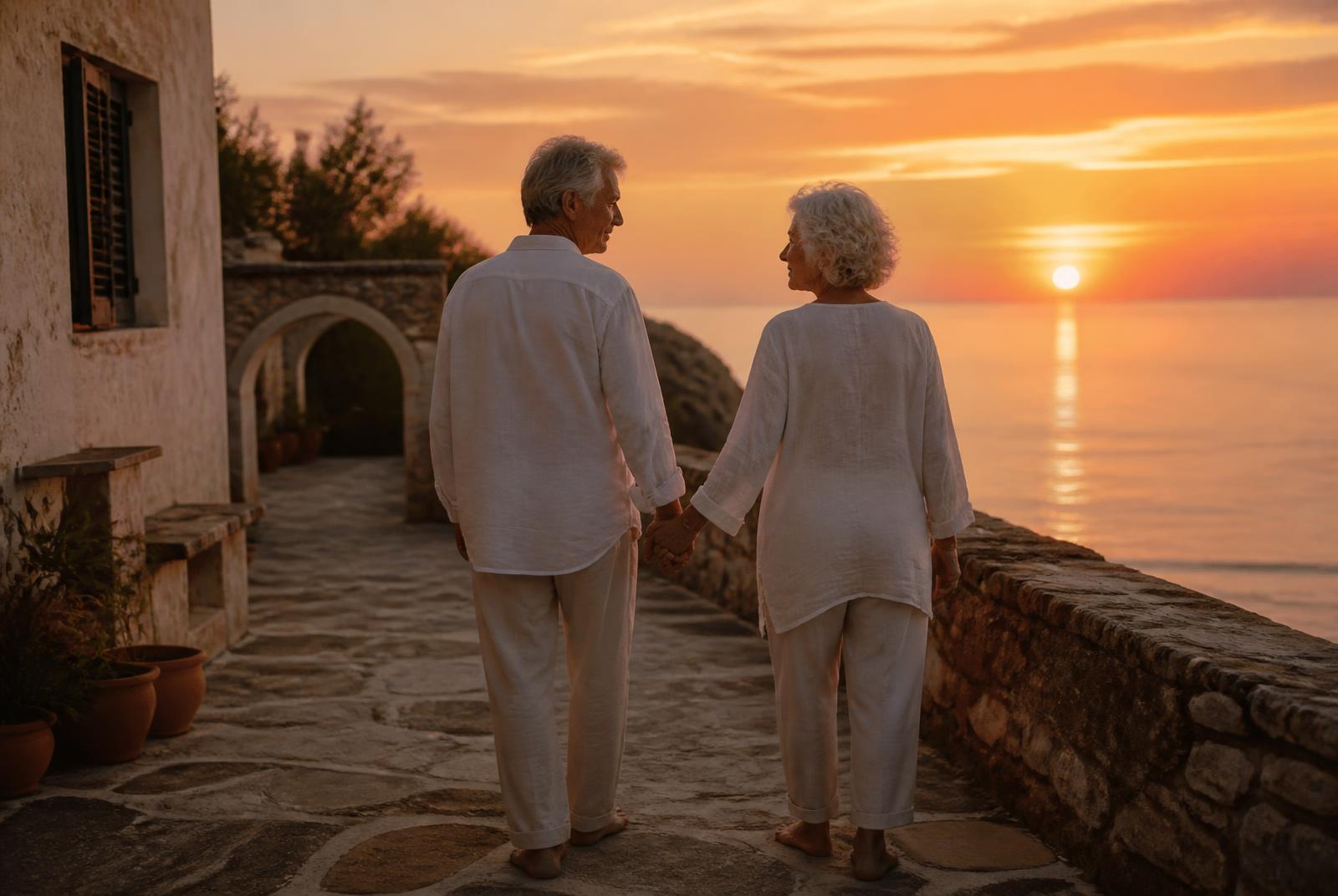 An elderly couple holding hands, walking barefoot along a Mediterranean terrace at sunset