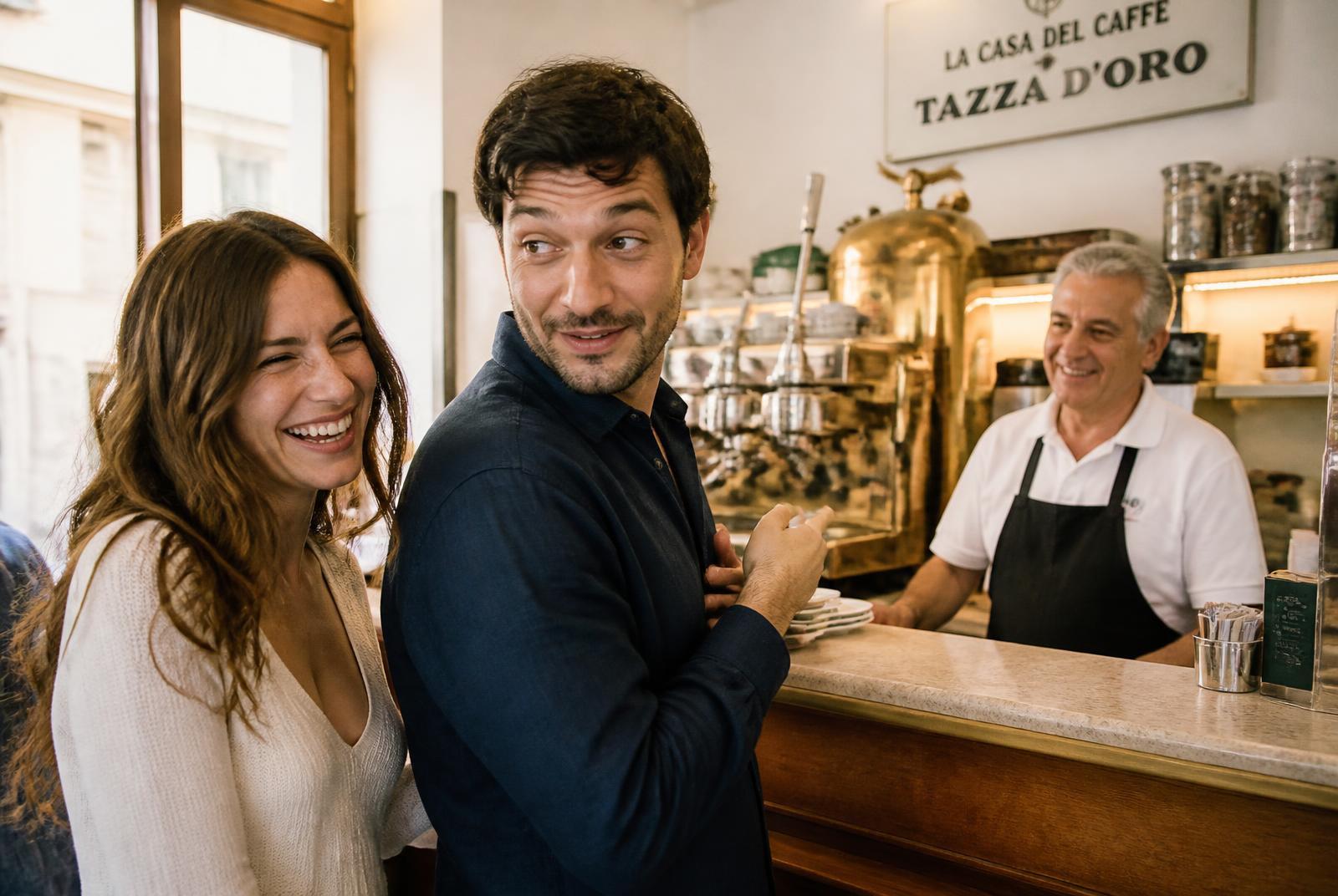 James laughing while ordering coffee in a Roman café as Elizabeth laughs beside him